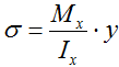 Формула расчета нормальных напряжений в точках сечения балки при изгибе