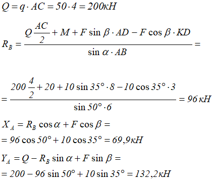 Расчет величины реакций опор из уравнений равновесия конструкции
