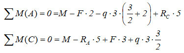 Уравнения равновесия для расчета реакций в опорах балки