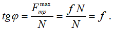 Формула угла образующей конуса трения скольжения